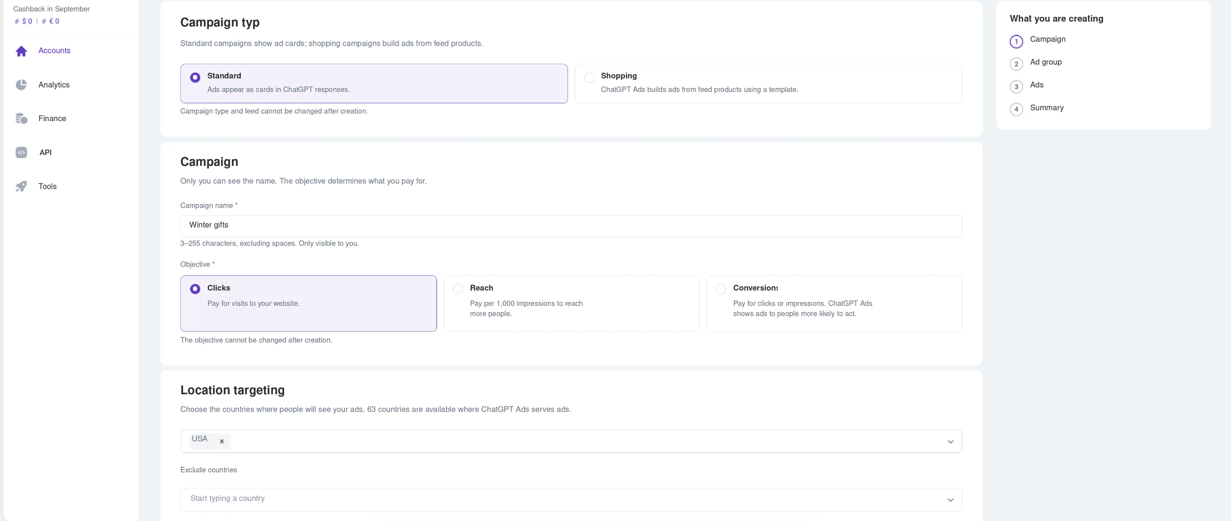 Campaign setup in Aitarget: campaign type, objective, and location targeting