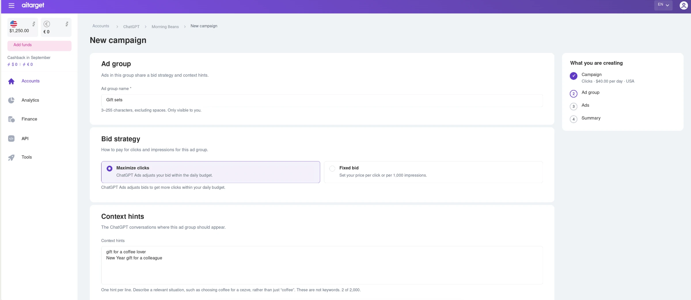 Aitarget ad group settings with bid strategy and context hints