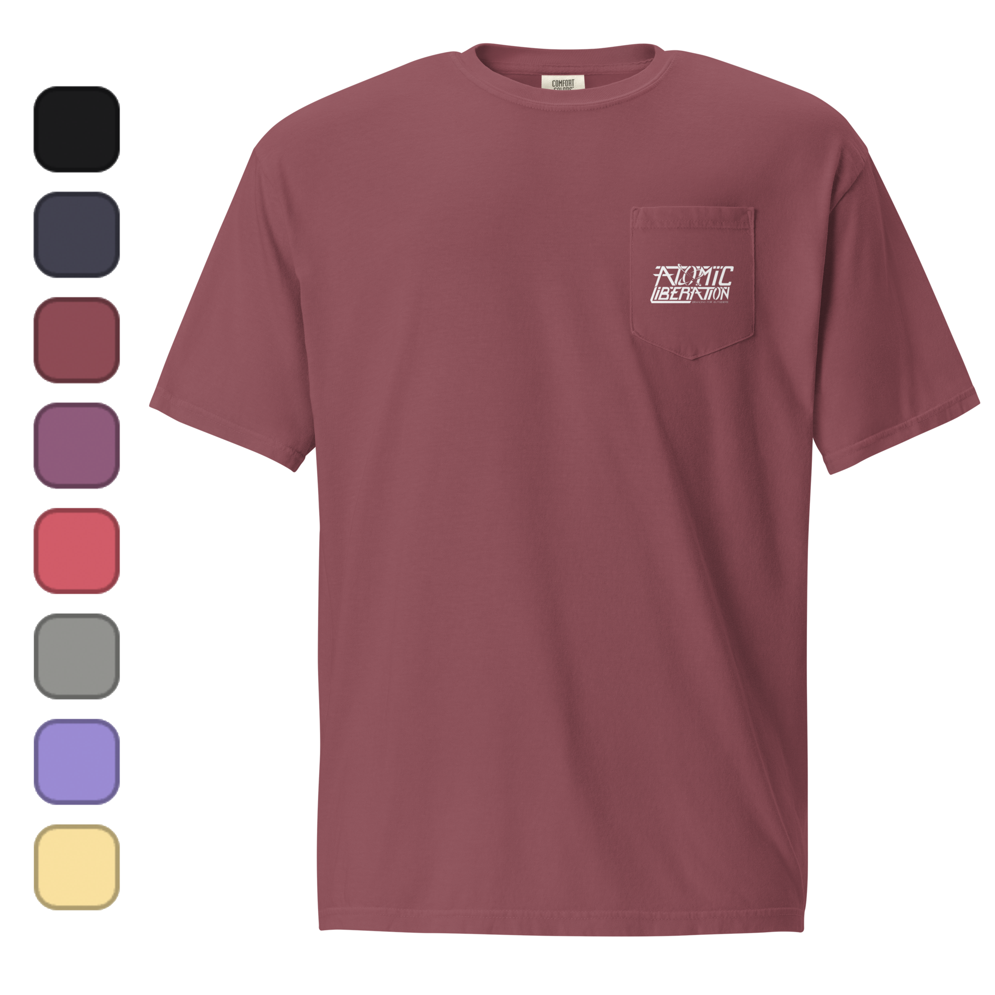 A t-shirt with a front pocket and the Atomic Liberation logo on it.