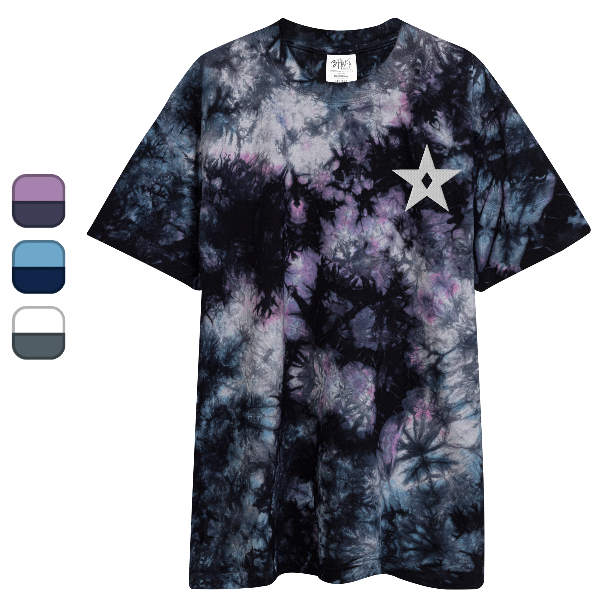 A tie dye t-shirt with the Atomic Liberation star icon embroidered onto it.