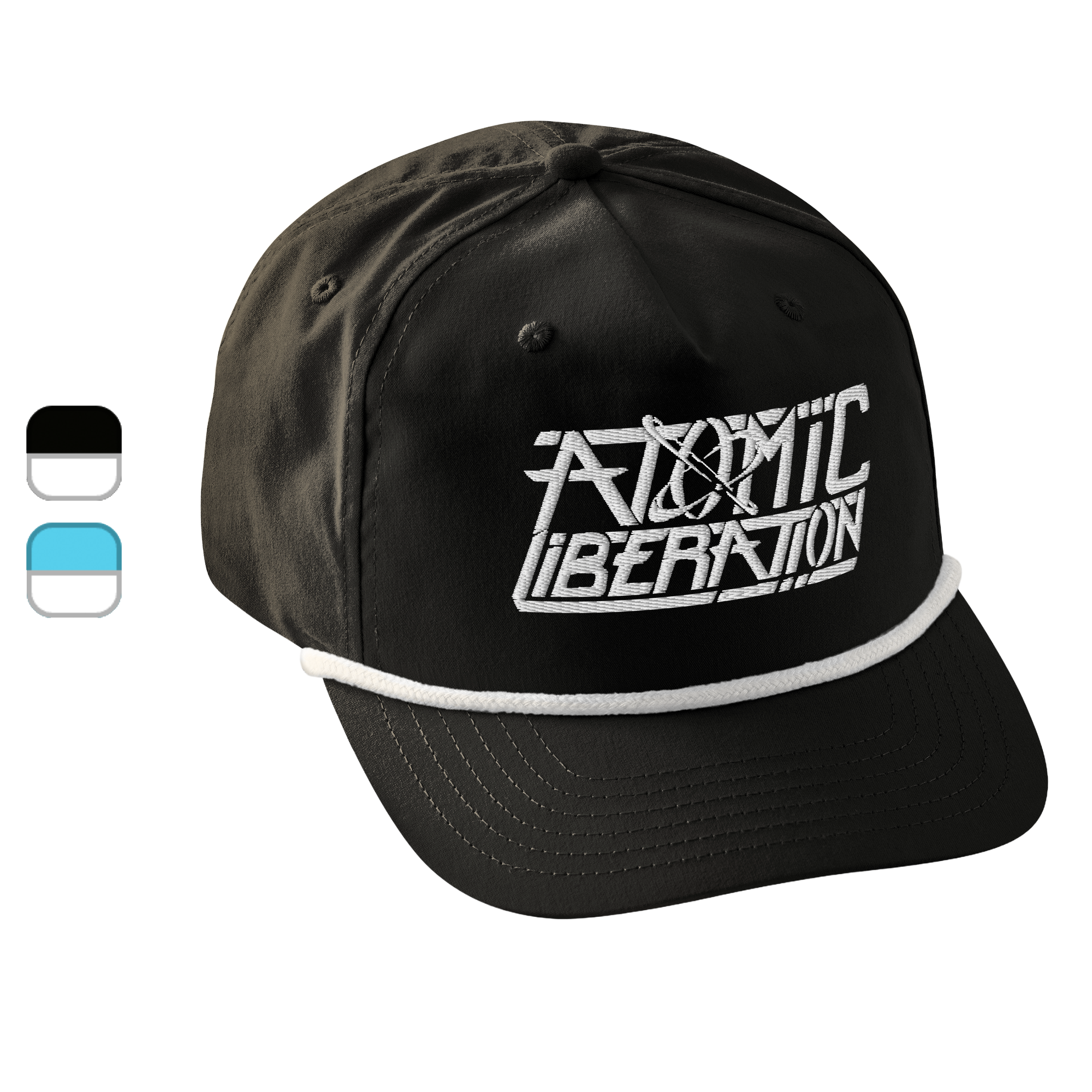 A golf hat featuring the Atomic Liberation logo.