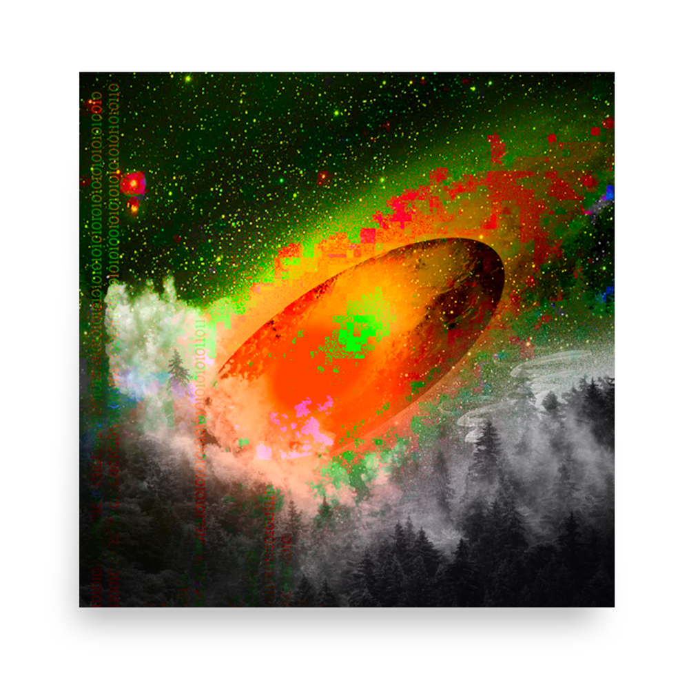 An abstract digital art piece which loosely represents a comet striking a forest.