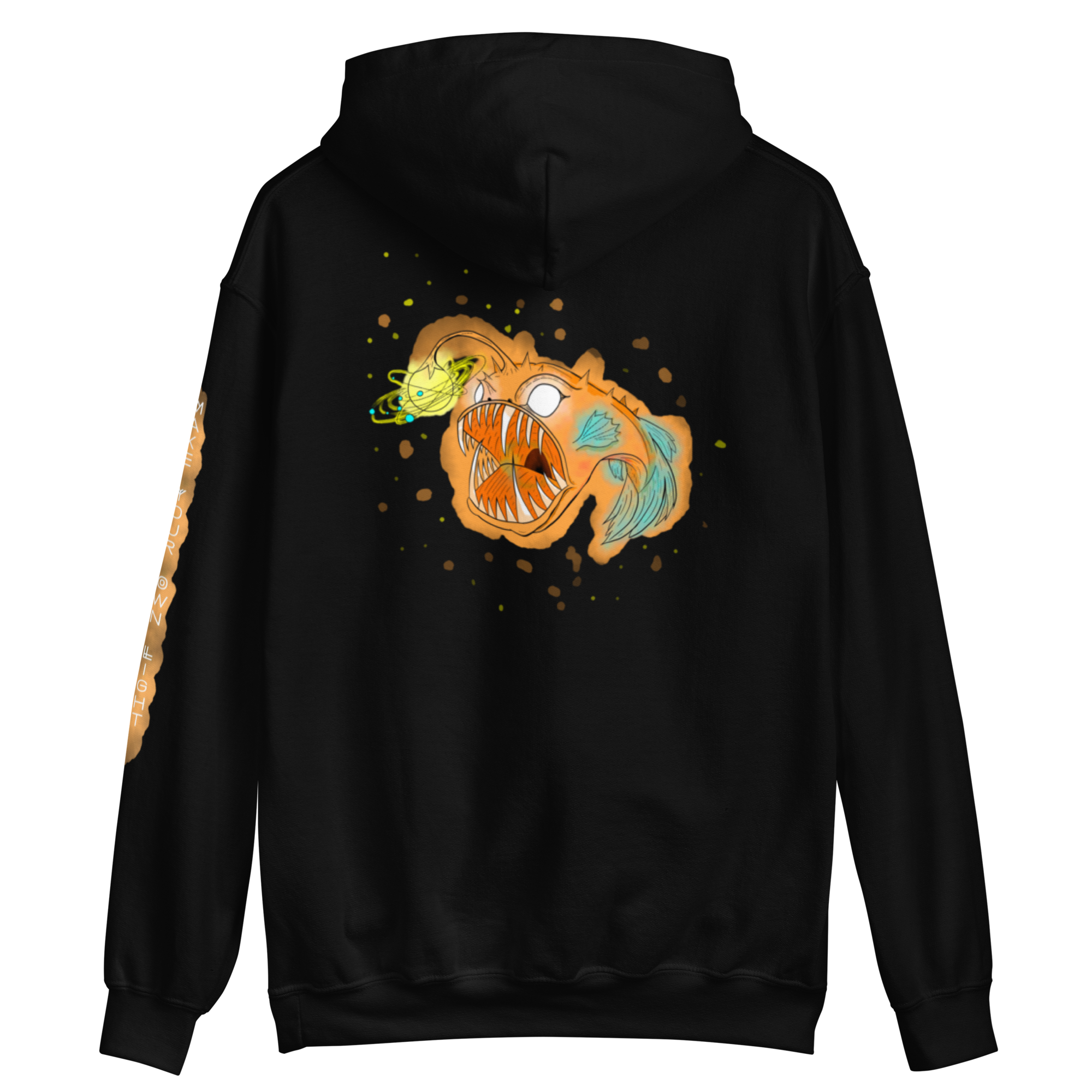 A hoodie with an a cosmic anglerfish on it.