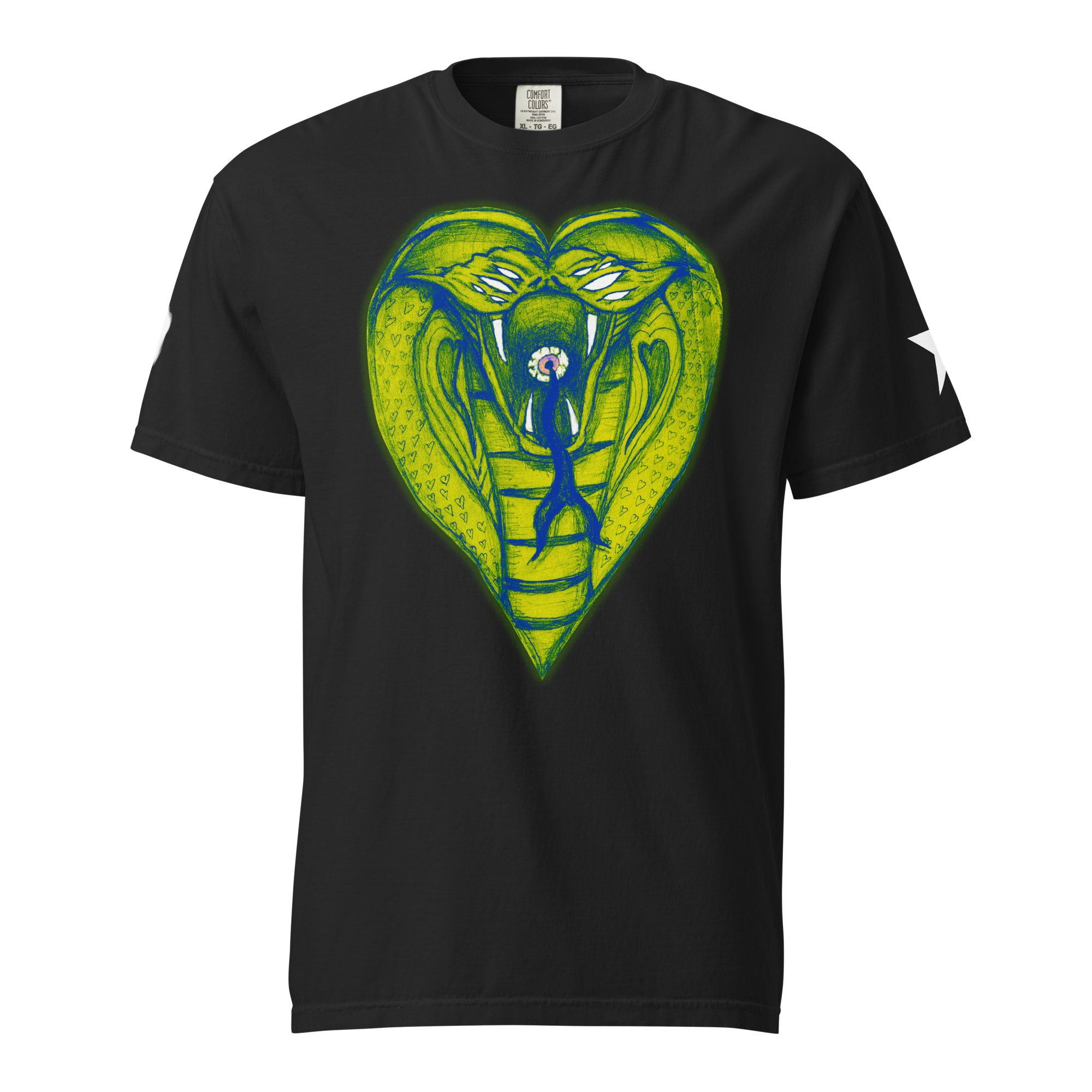 A t-shirt with a scary drawing of a cobra on it.