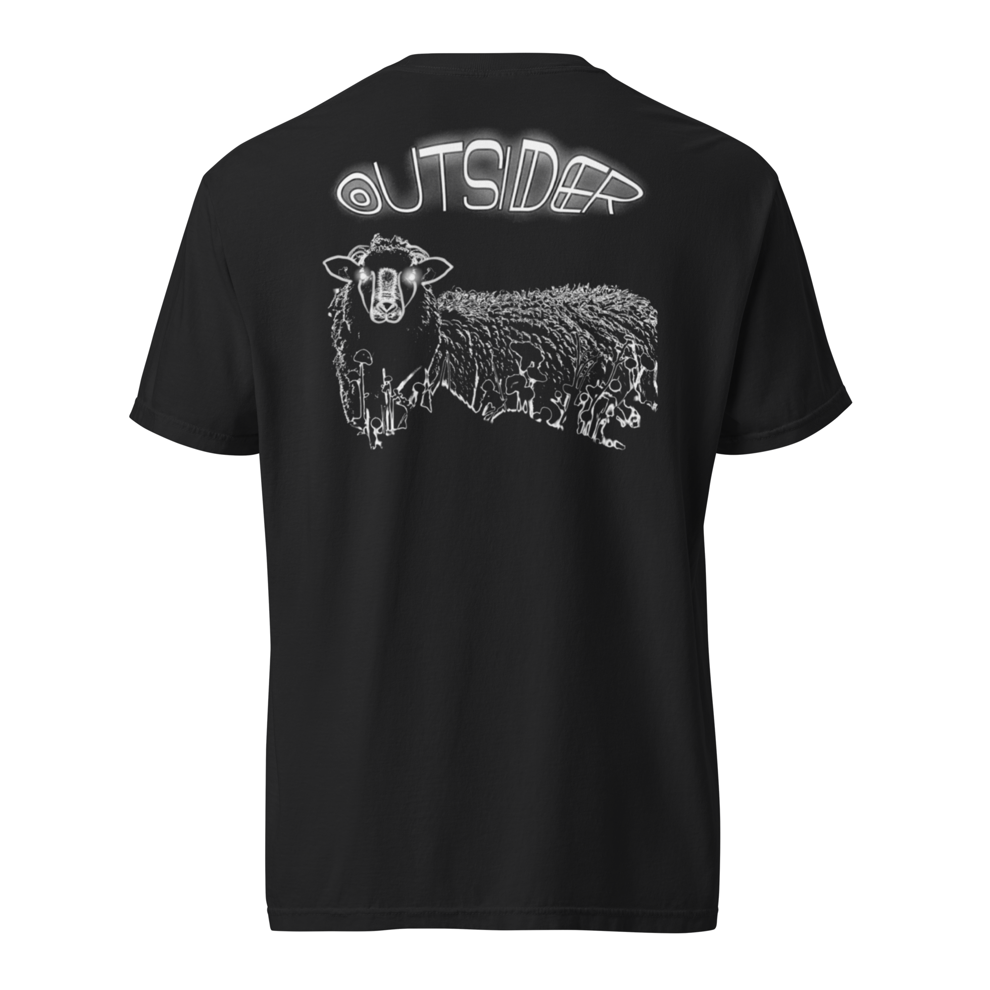 A t-shirt with a glowing black sheep on it.