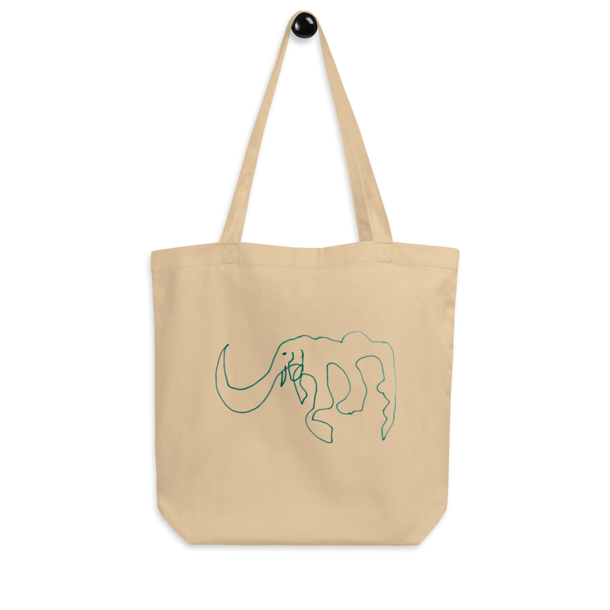 A cute environmentally conscious tote bag with a rudimentary elephant drawing on it.