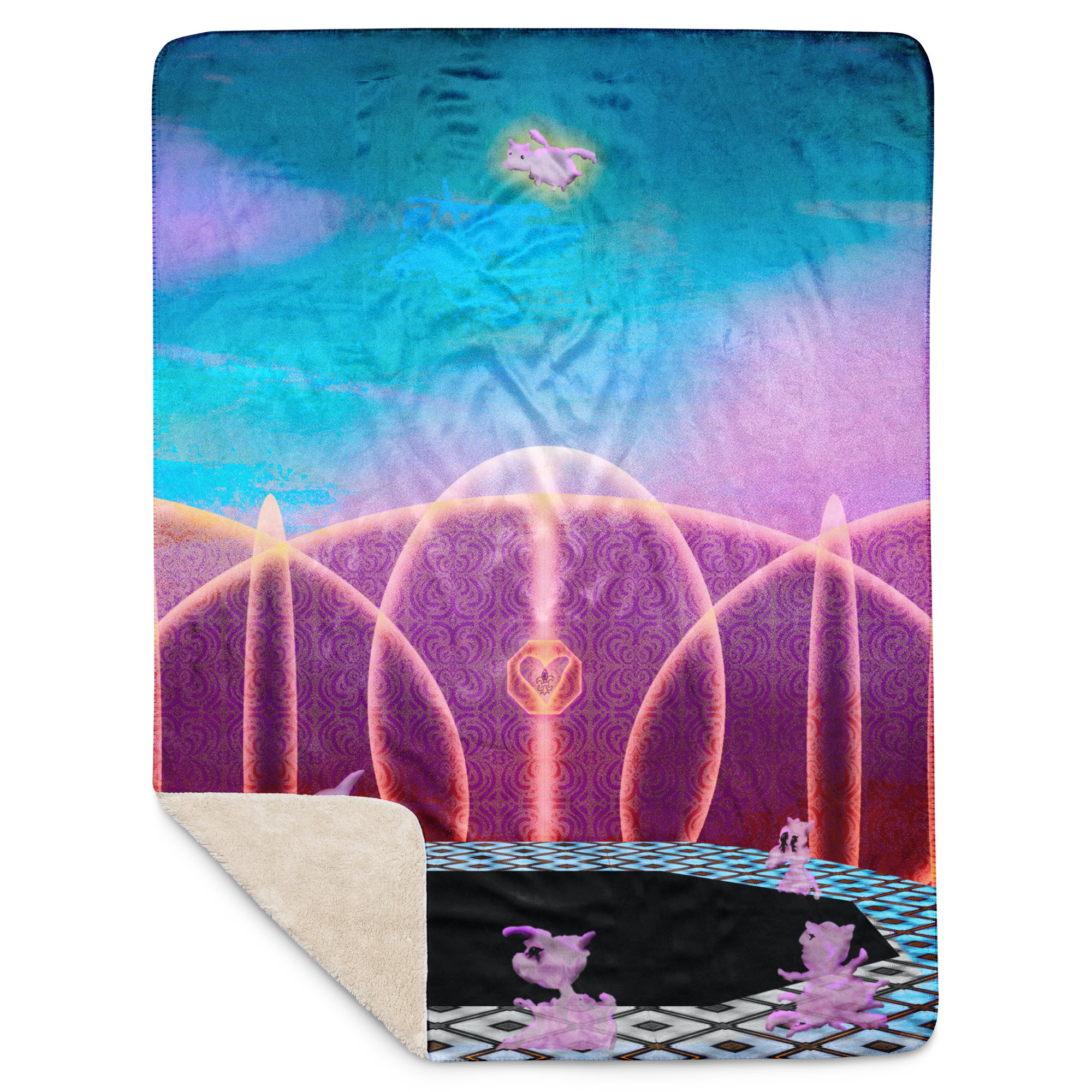 A blanket of a flying pig escaping a realm of mutants.