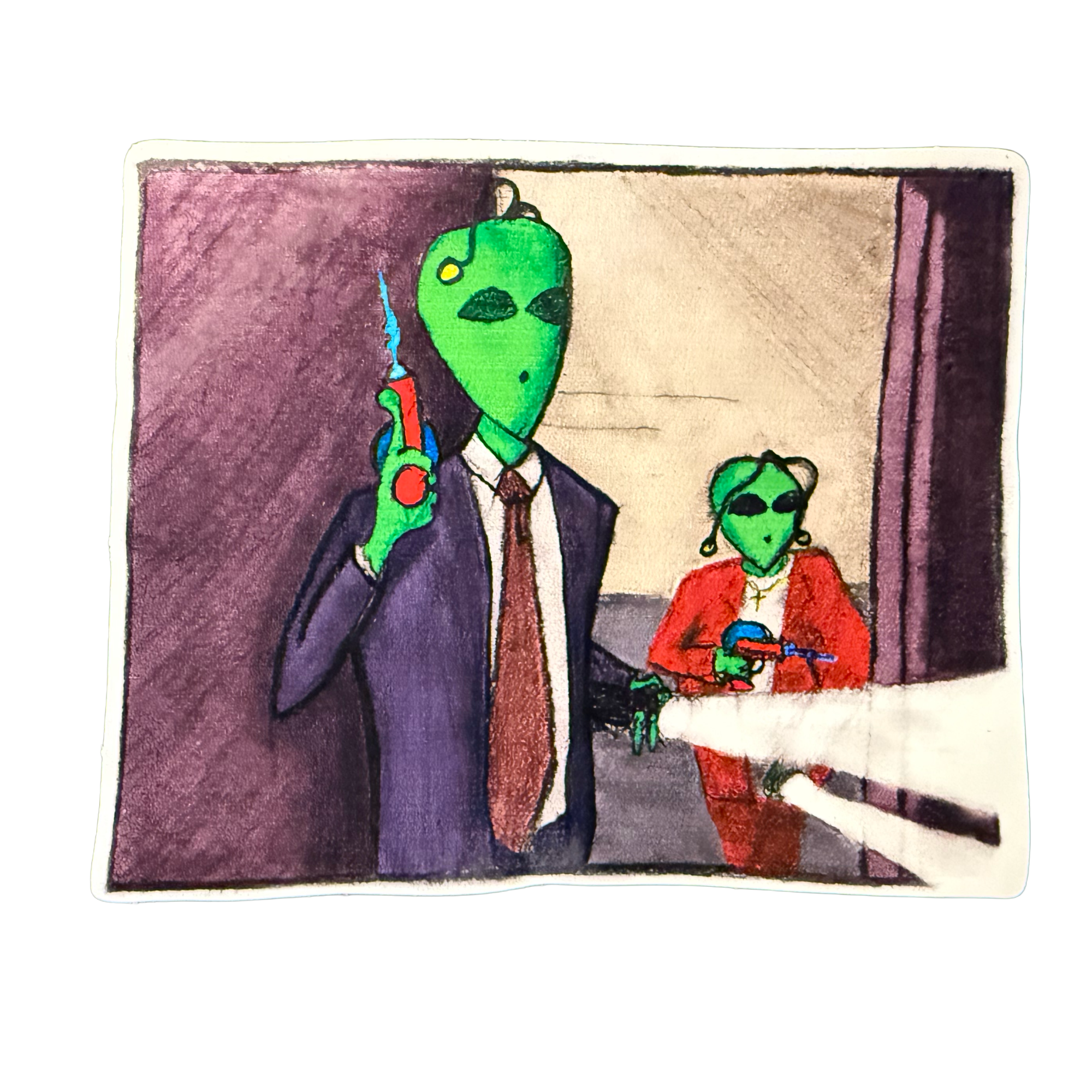 A sticker featuring x-files aliens.