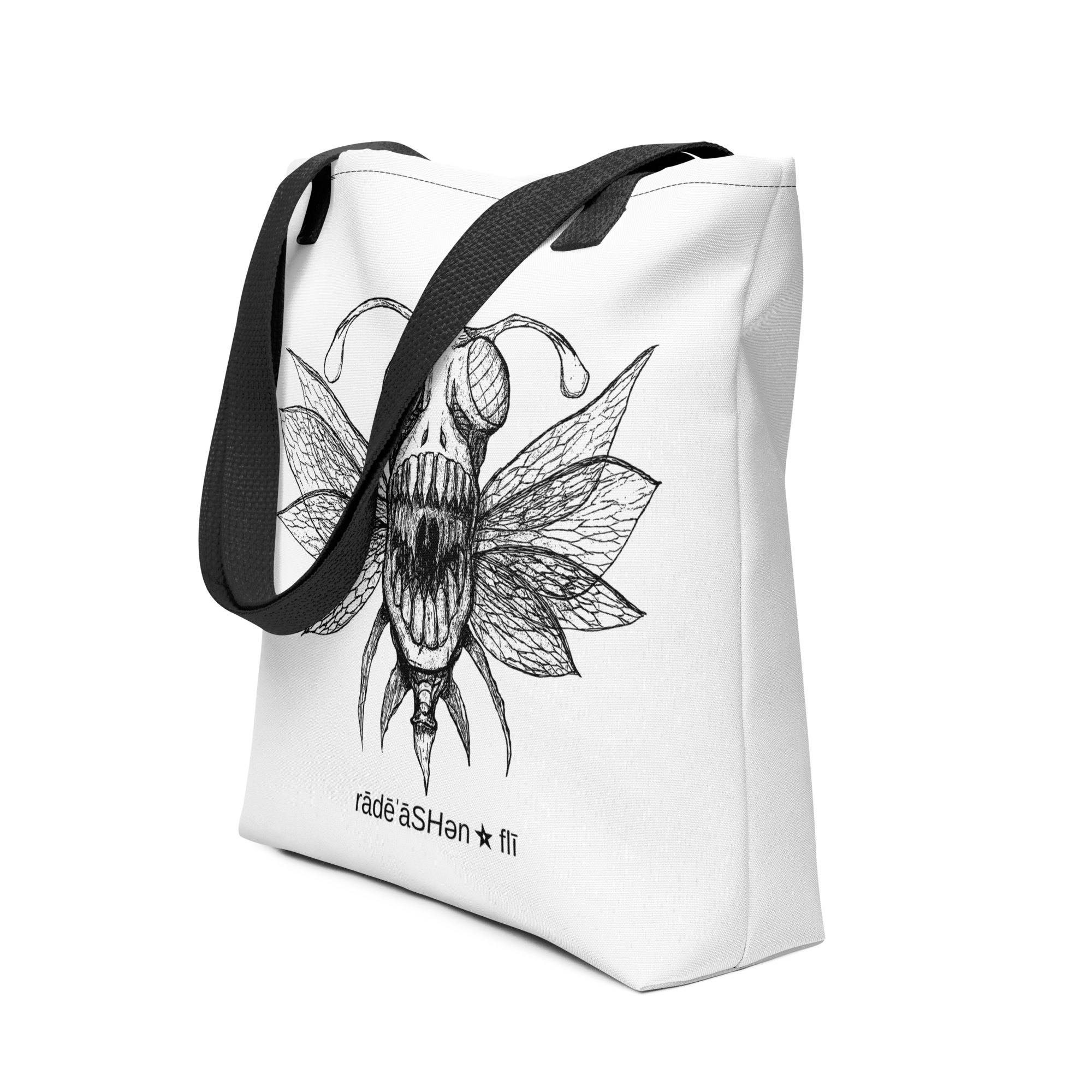 A tote bag with a scary imaginary bug on it.