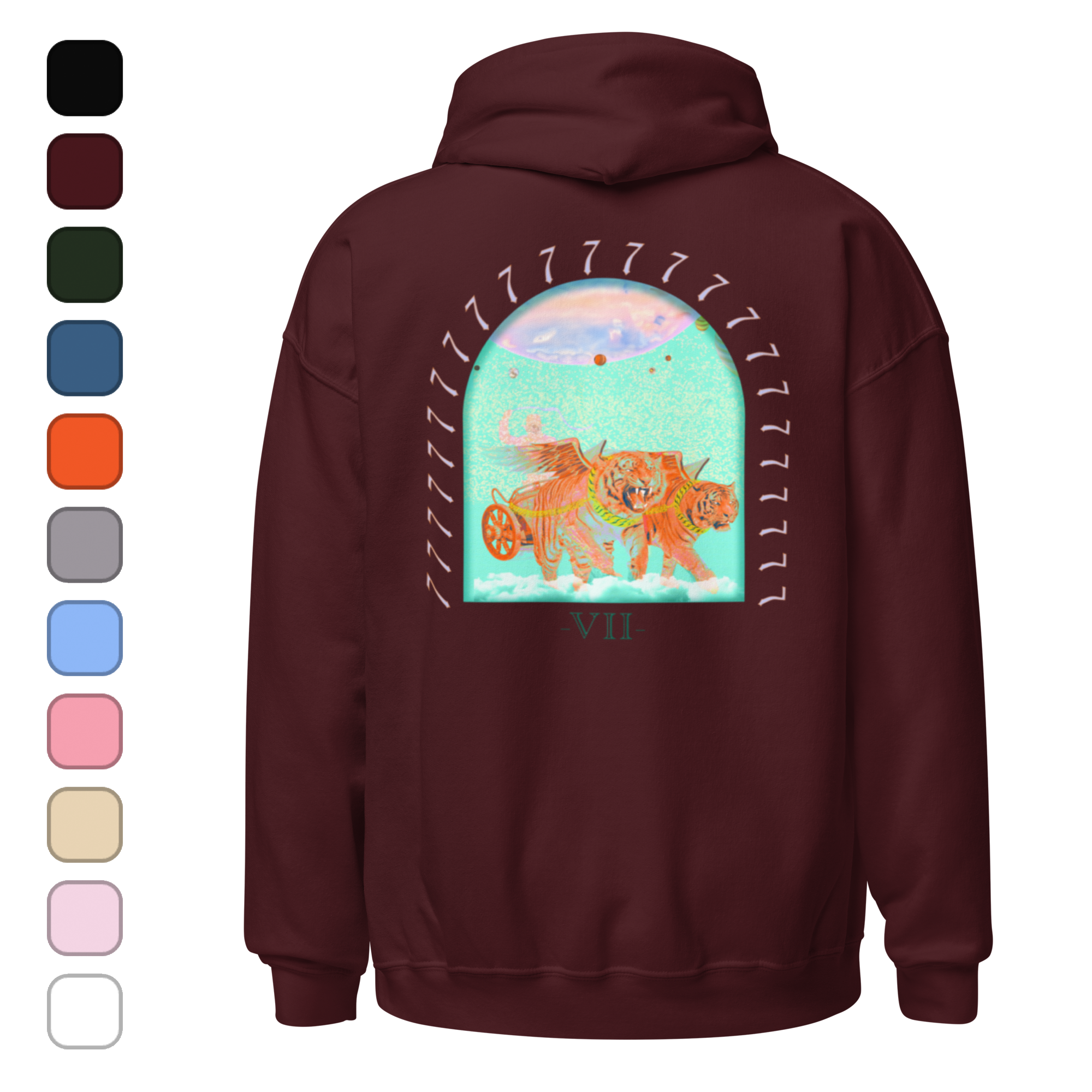 A hoodie with a rendition of the chariot tarot card on it.