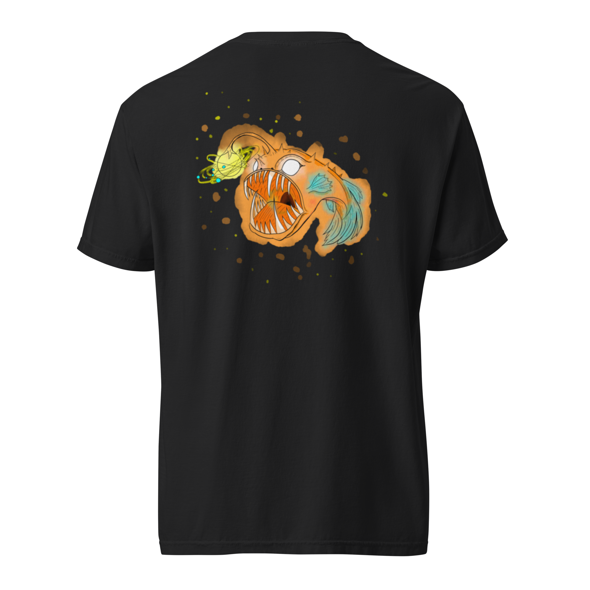 A t-shirt mockup of an anglerfish with a galaxy revolving around the light.