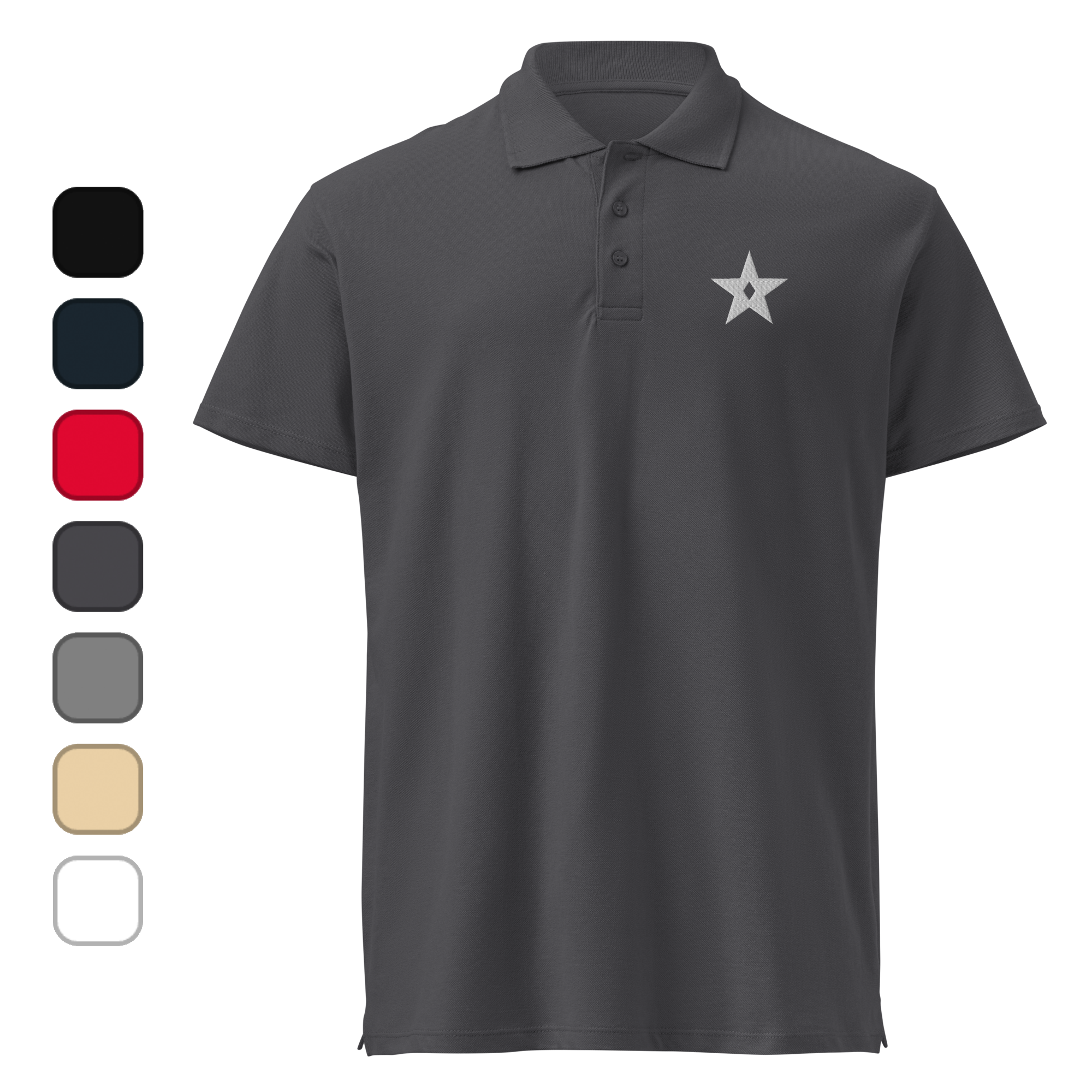 A polo with an Atomic Liberation Star icon on it.