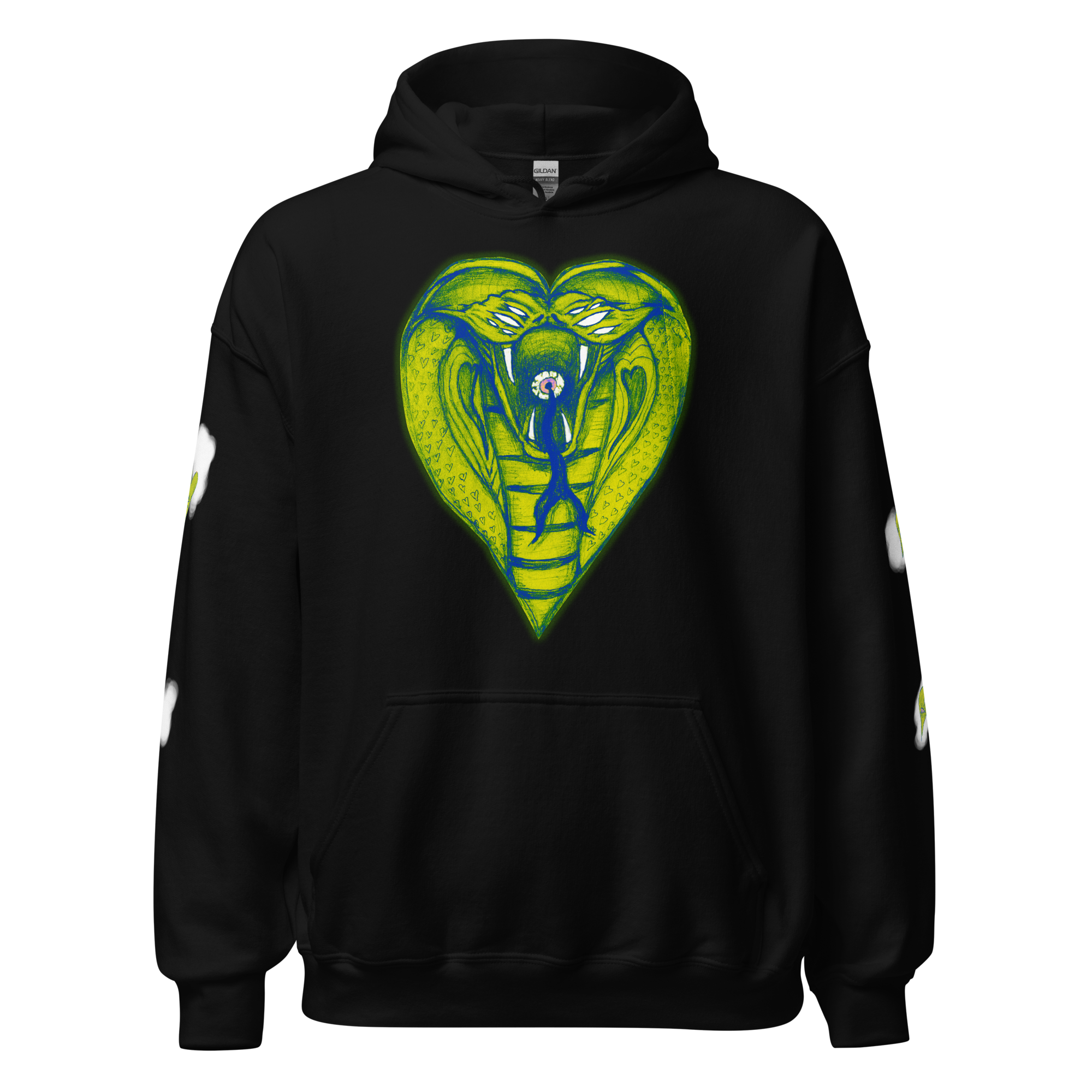 A hooded sweatshirt of an eight-eyed cobra shaped as a heart.
