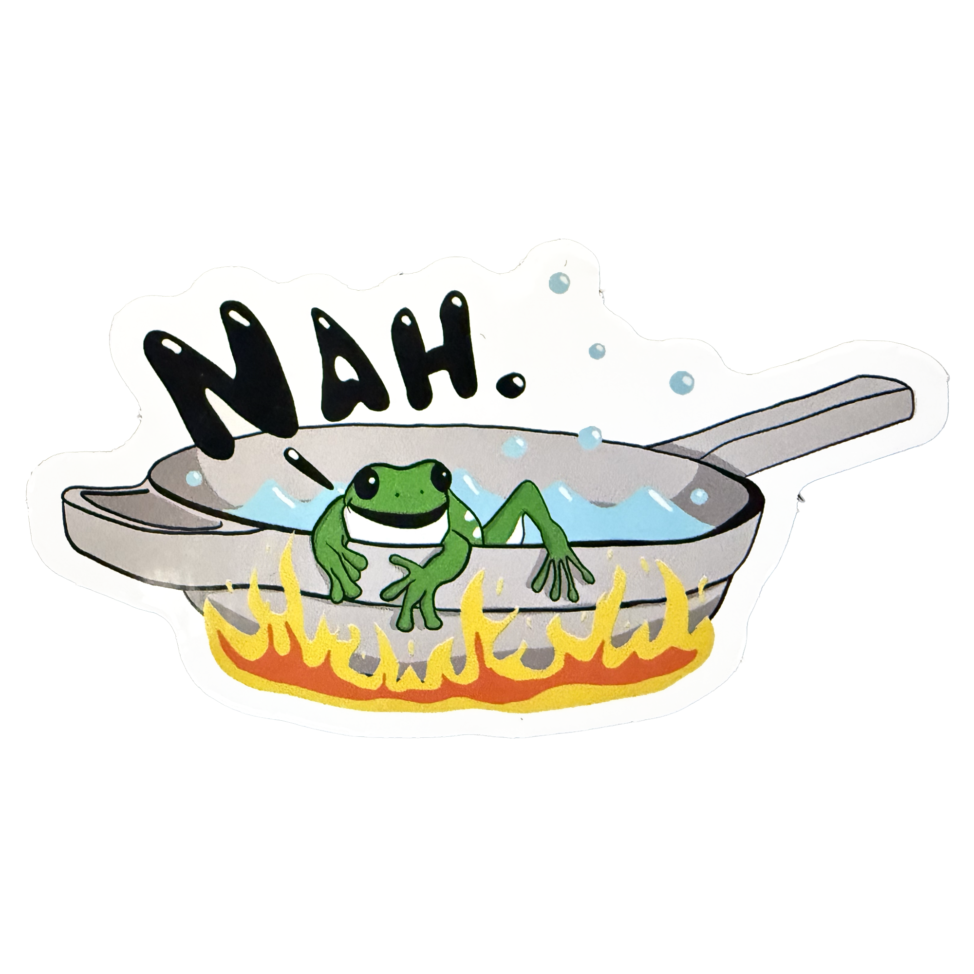 A sticker of a frog exiting boiling water.