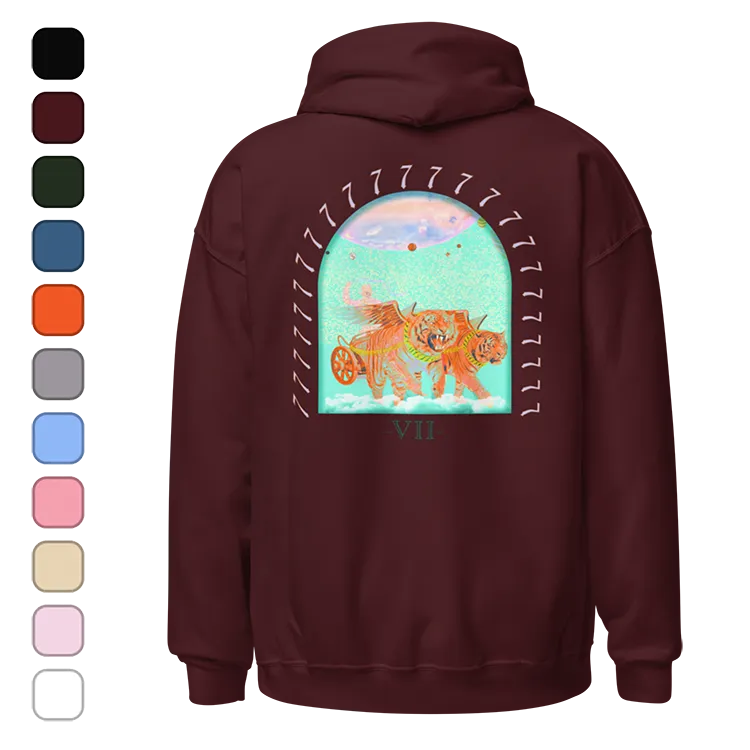 A hoodie with a rendition of the chariot tarot card on it.