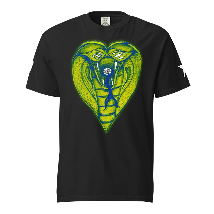 A t-shirt with a scary drawing of a cobra on it.