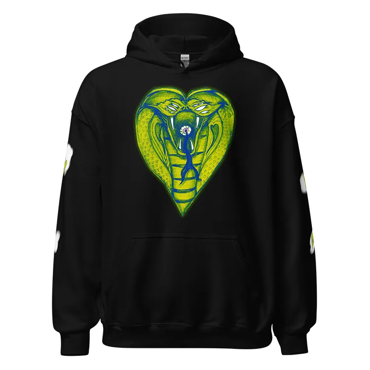 A hooded sweatshirt of an eight-eyed cobra shaped as a heart.