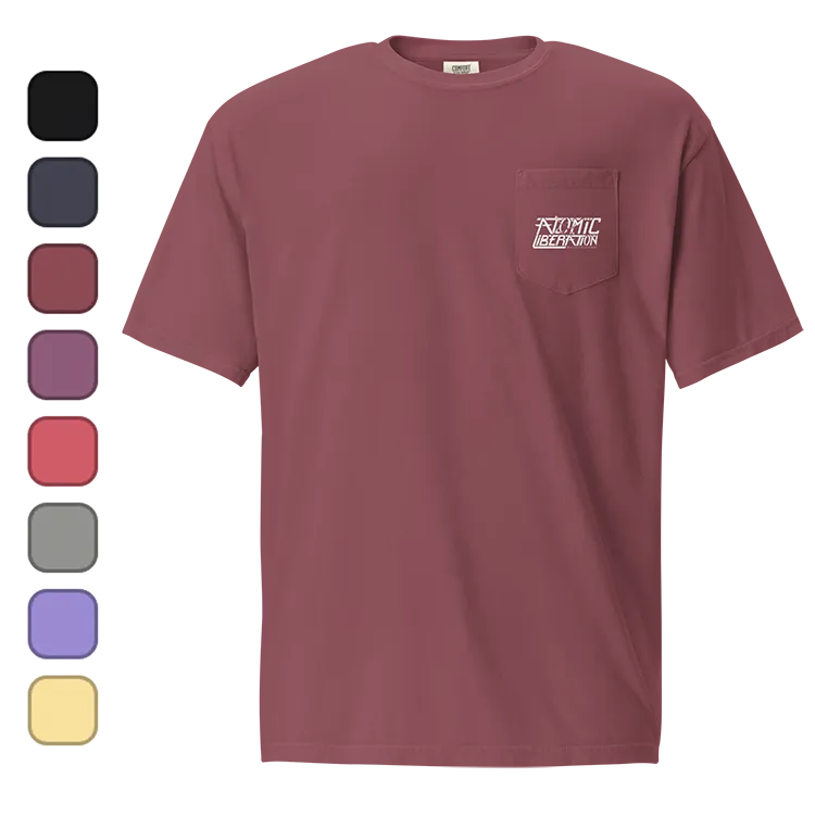 A t-shirt with a front pocket and the Atomic Liberation logo on it.