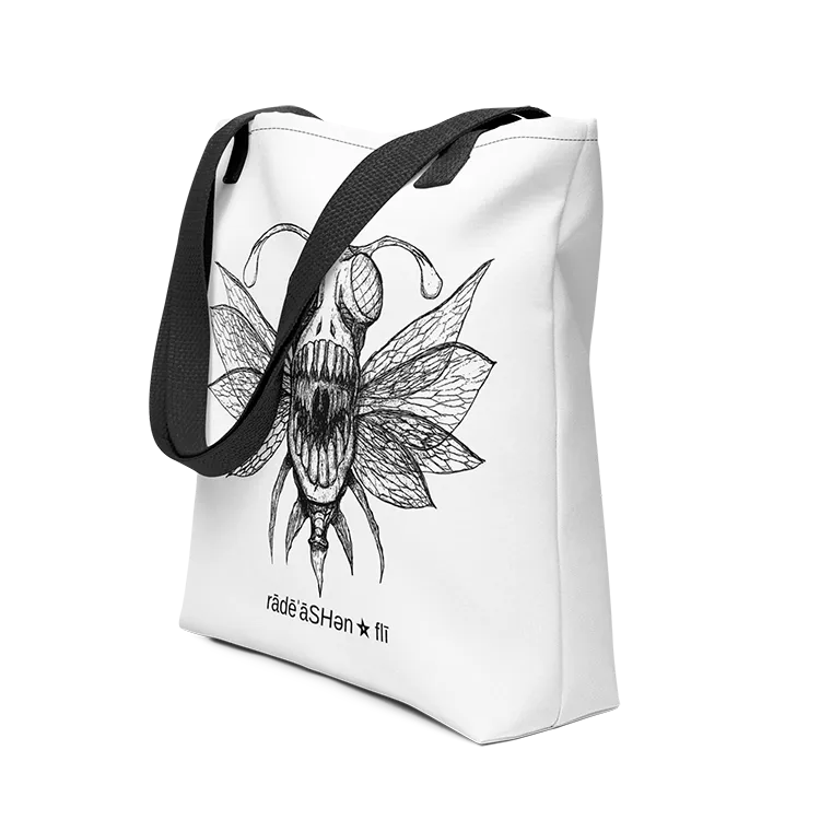 A tote bag with a scary imaginary bug on it.