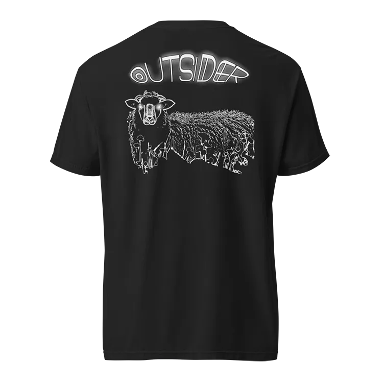 A t-shirt with a glowing black sheep on it.