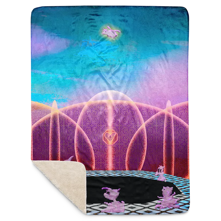 A blanket of a flying pig escaping a realm of mutants.
