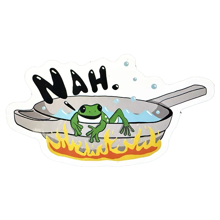 A sticker of a frog exiting boiling pot of water.