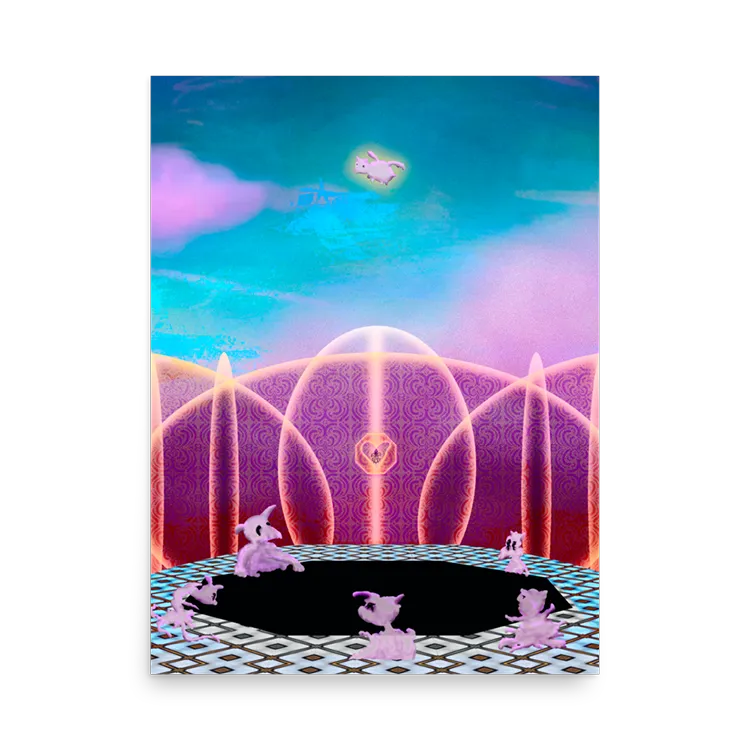 A poster of a flying pig leaving a gated community.