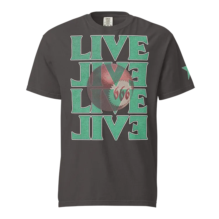 A T-shirt design of a modified magic 8-ball and the words "evil" and "live".