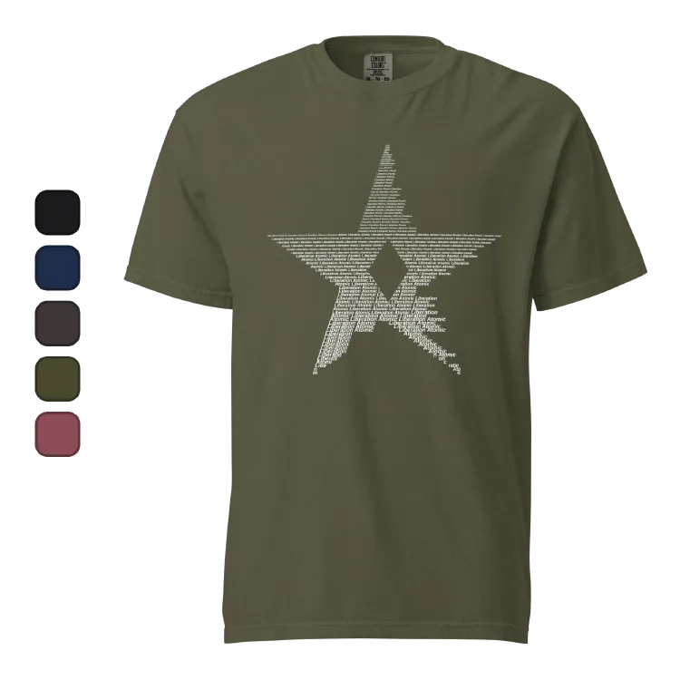 A T-shirt of a star logo made out of horizontal text.