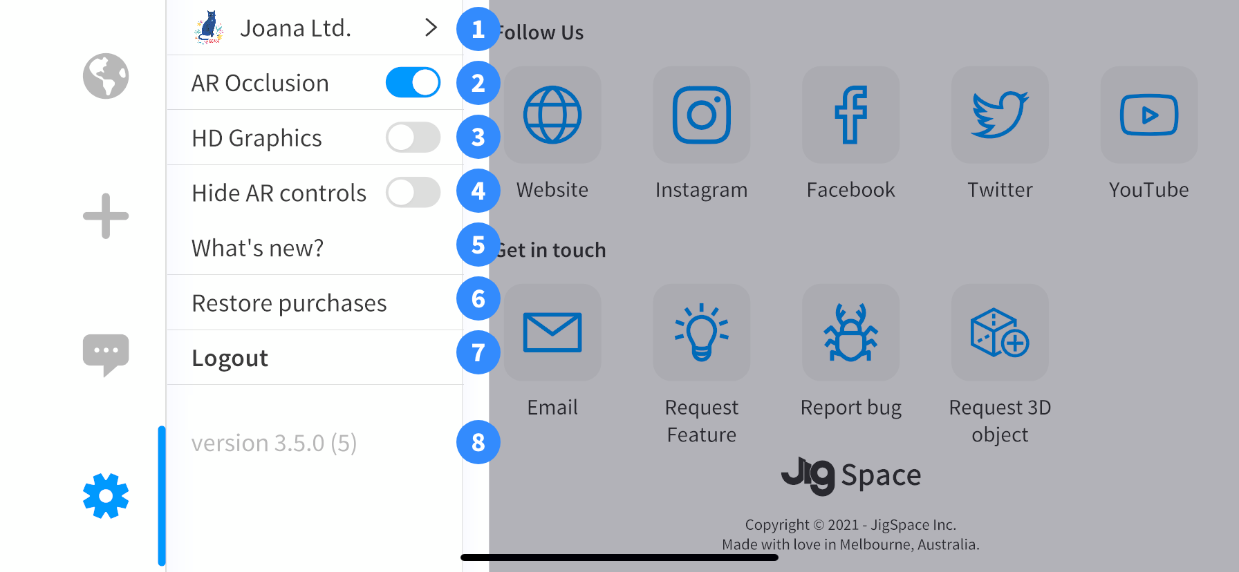 Settings options n the menu panel