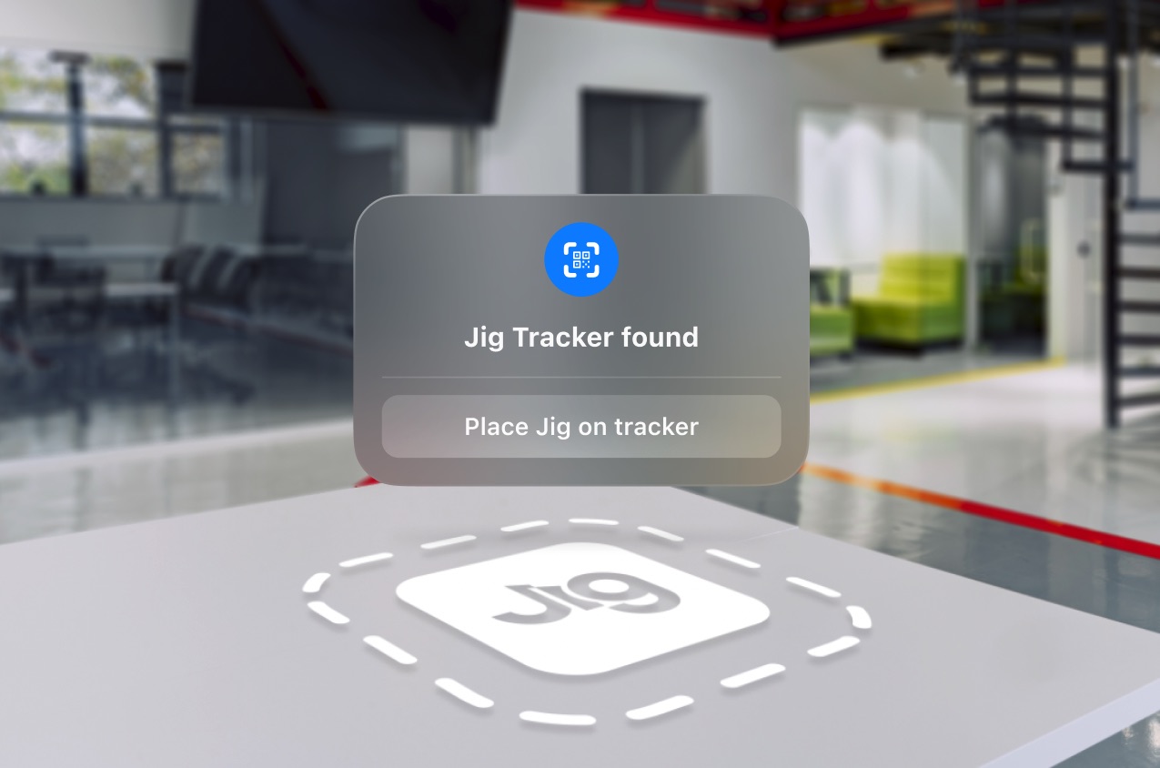 The JigSpace app detecting a trackable image and anchoring 3D content to it in Apple Vision Pro