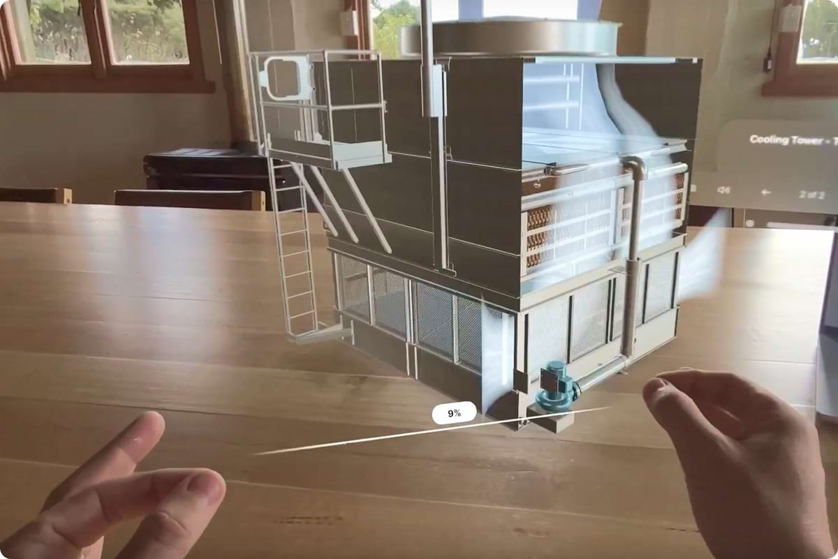 Evapco eco-ATWB cooler viewed in augmented reality on JigSpace Apple Vision Pro app