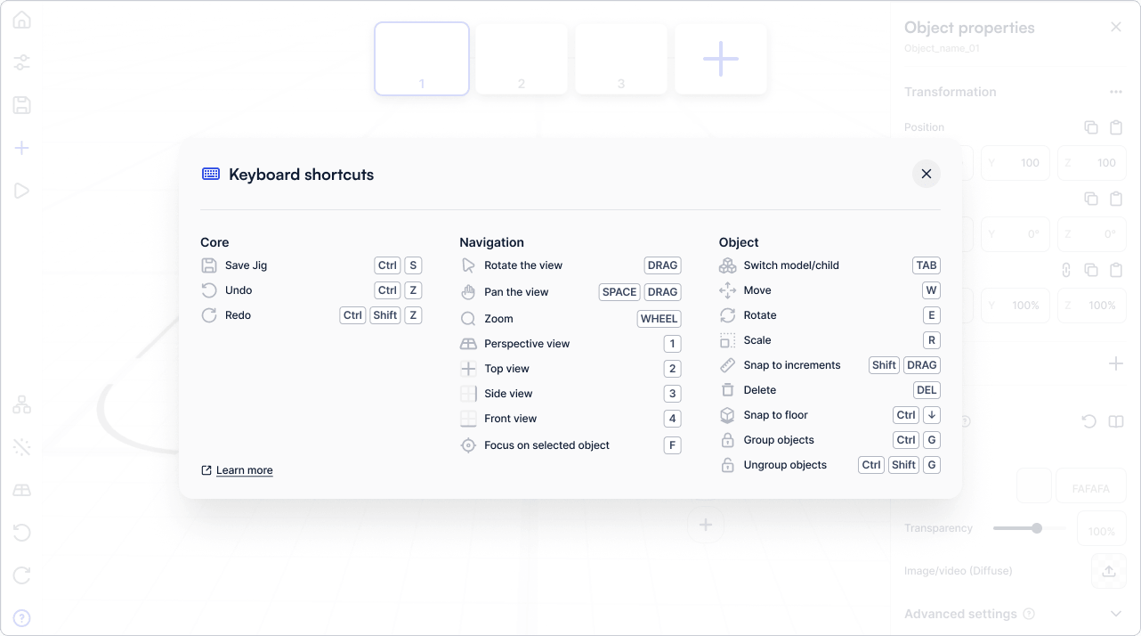 Keyboard shortcuts panel in the JigSpace desktop app on Windows