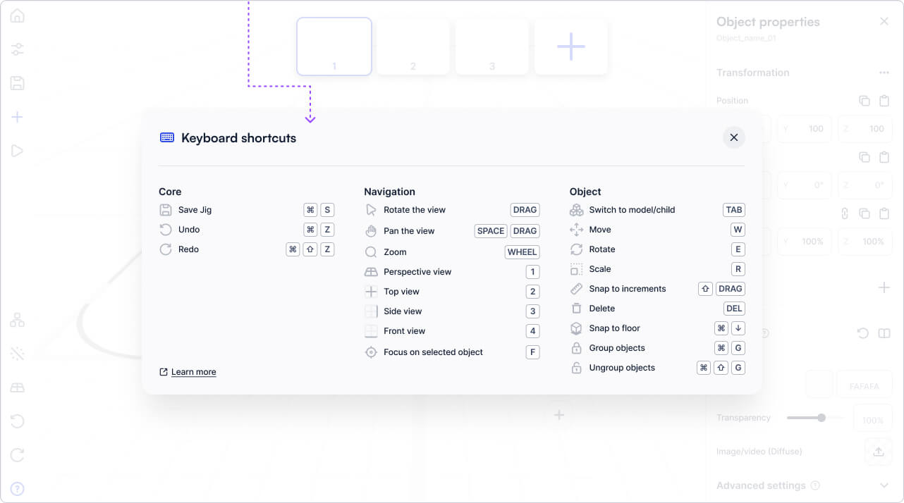 Keyboard shortcuts panel in the JigSpace desktop app on Mac