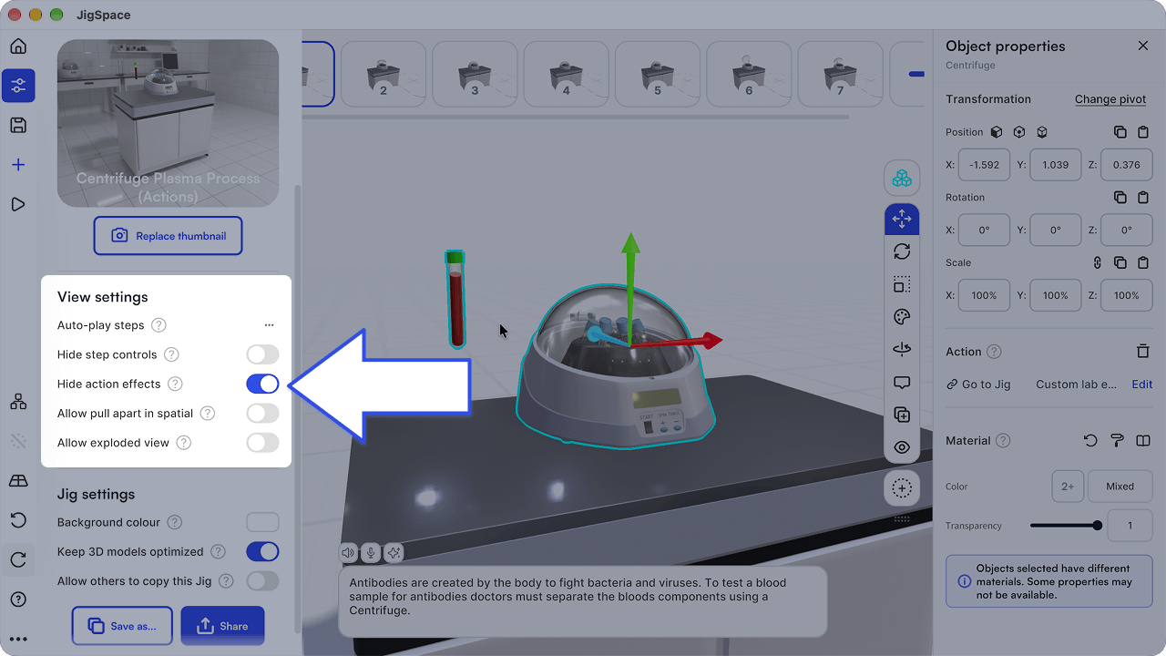 JigSpace view settings to hide action effects