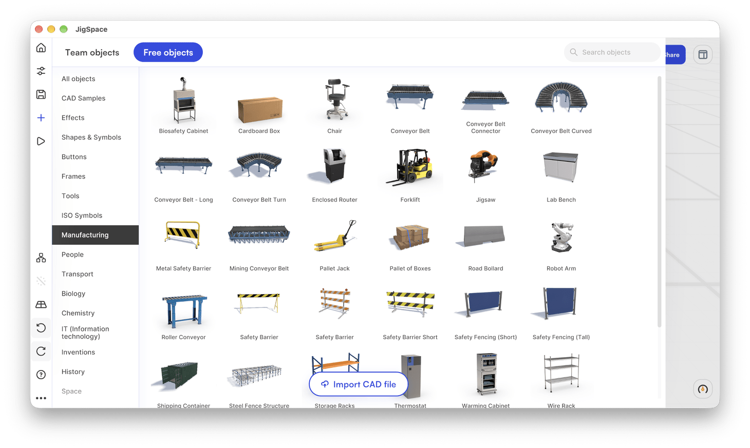 3D model library open on All objects, with the full category list visible