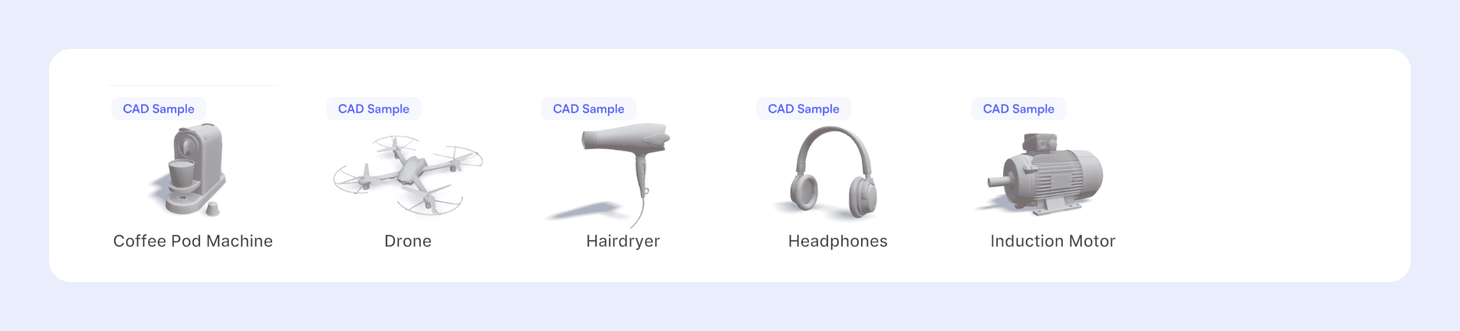 CAD Samples selected, showing all five sample models