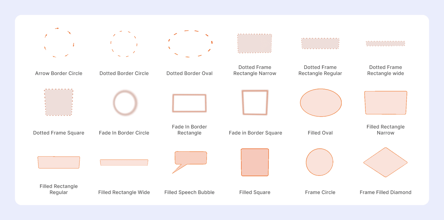 Frames selected, showing dotted outlines, filled shapes, and speech bubbles