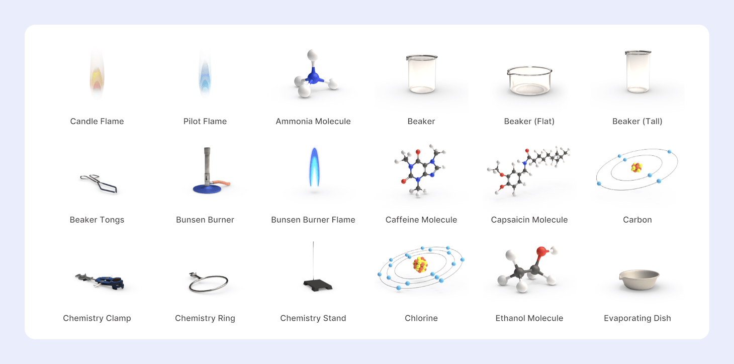 Chemistry selected, showing lab equipment and molecule models