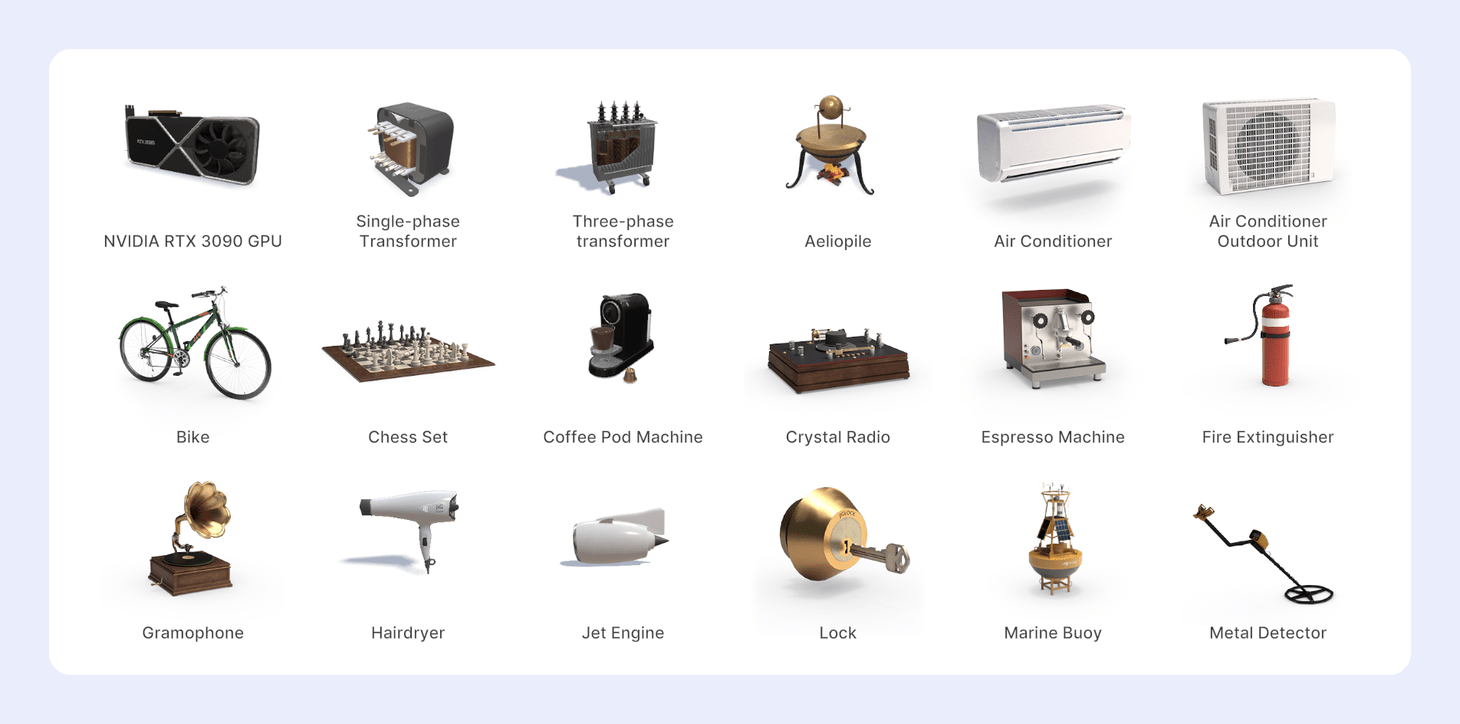 Inventions selected, showing the printing press, gramophone, jet engine, and aeolipile