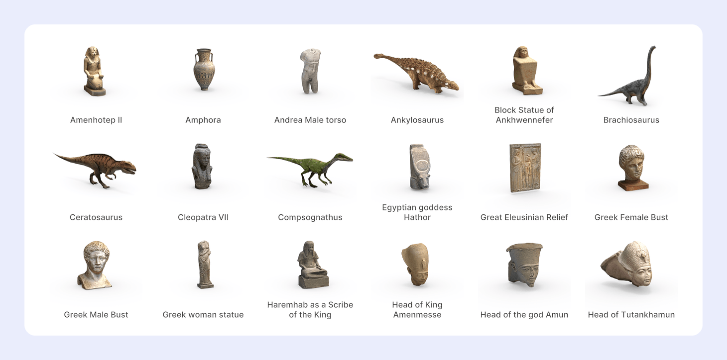 History selected, showing busts, statues, and a dinosaur