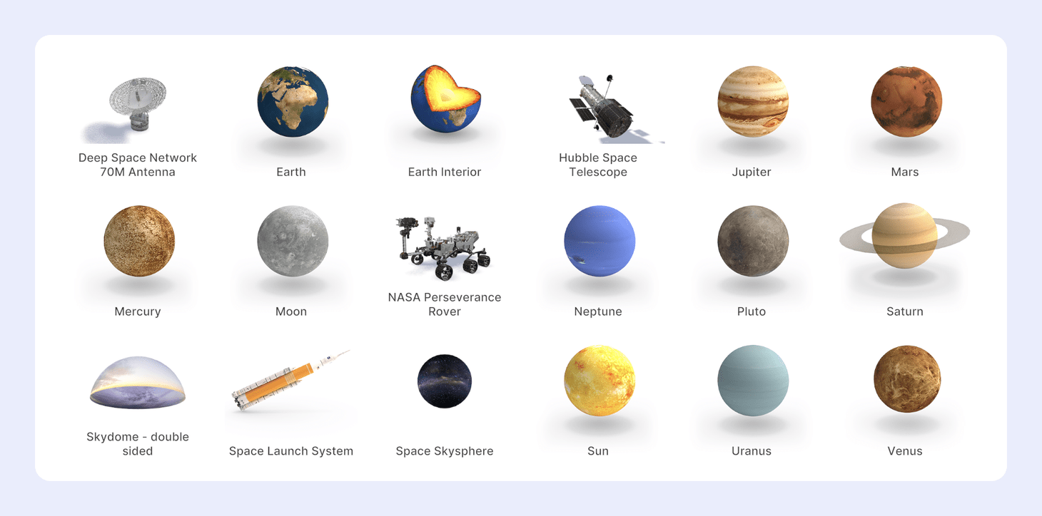 Space selected, showing planets, the Hubble Space Telescope, and the Perseverance rover