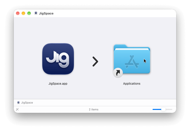 The JigSpace macOS .dmg, containing JigSpace.app and a shortcut to Applications