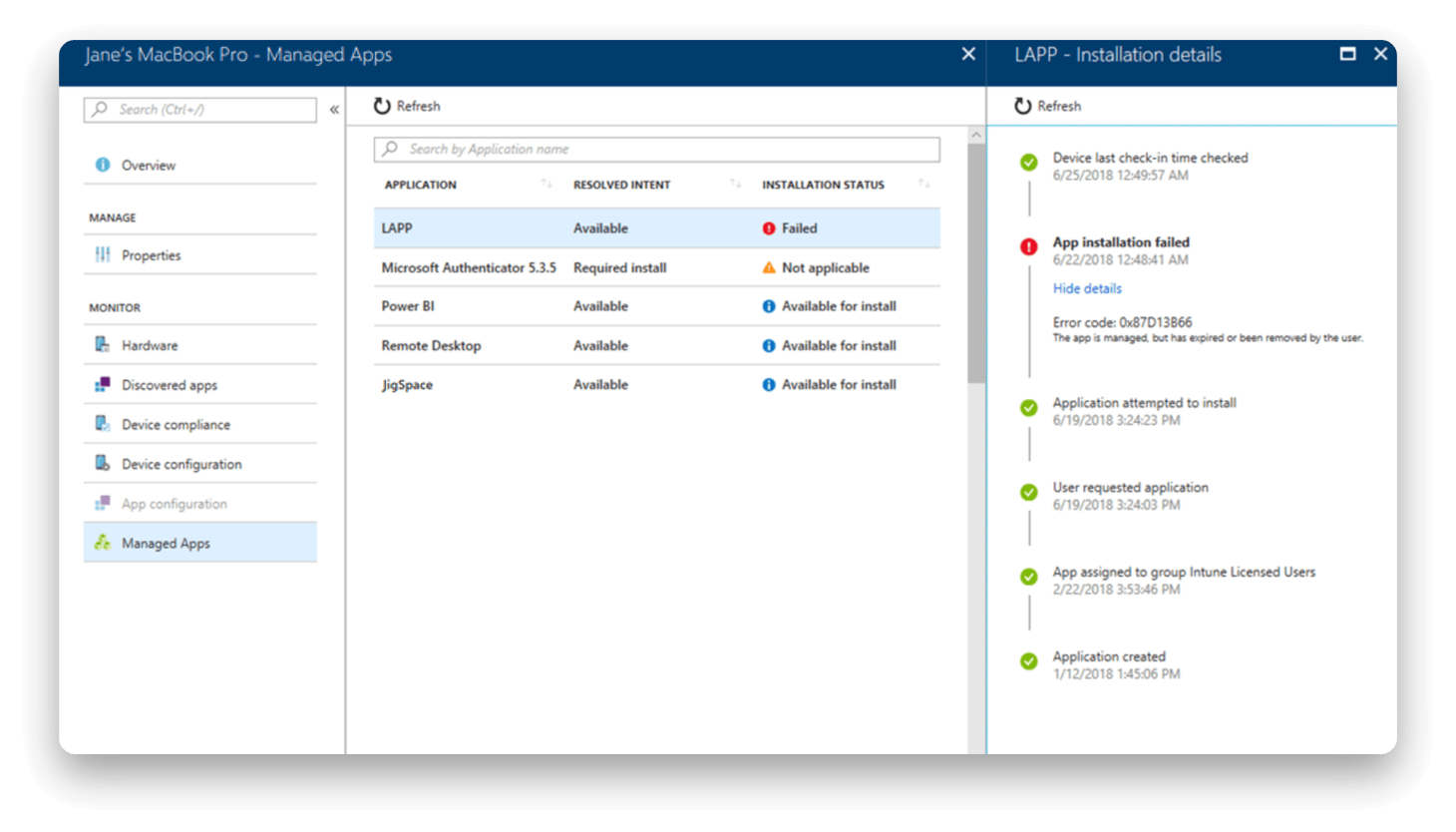 Install status and error details for a device's managed apps and JigSpace in Microsoft Intune