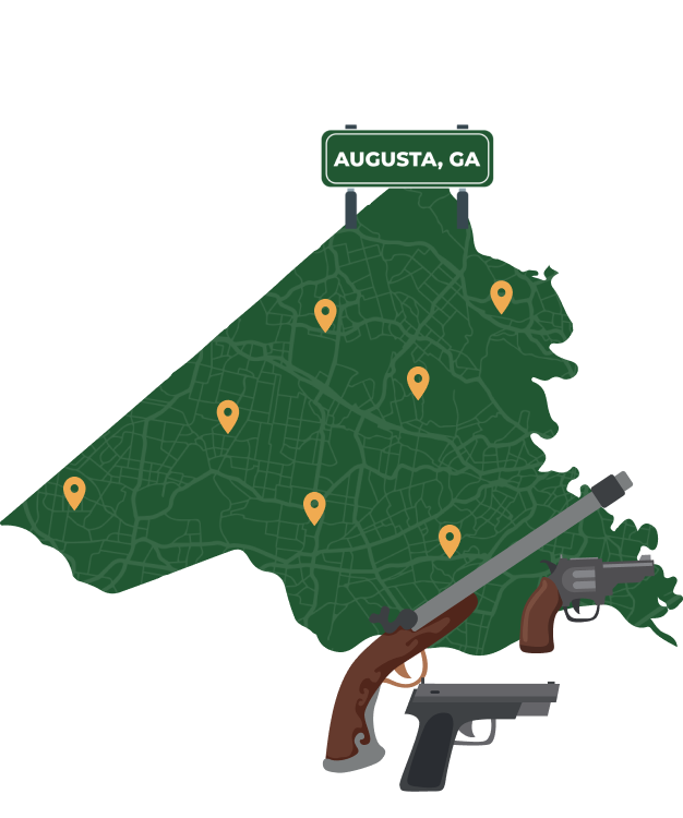 Picture of Augusta, Georgia City Map with Augusta sign on it and places that we buy guns from.
