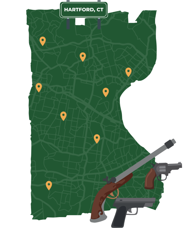 Picture of Hartford, Connecticut City Map with Hartford sign on it and places that we buy guns from.