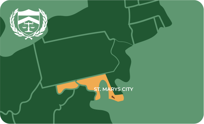 State map with St. Marys City, Maryland highlighted, showing that Cash for Arms purchases guns in St. Marys City