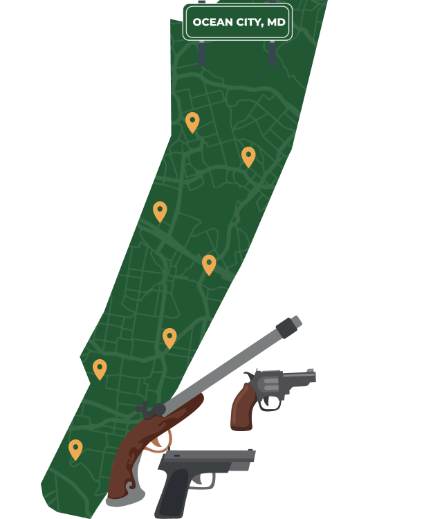 Picture of Ocean City, Maryland City Map with Ocean City sign on it and places that we buy guns from.