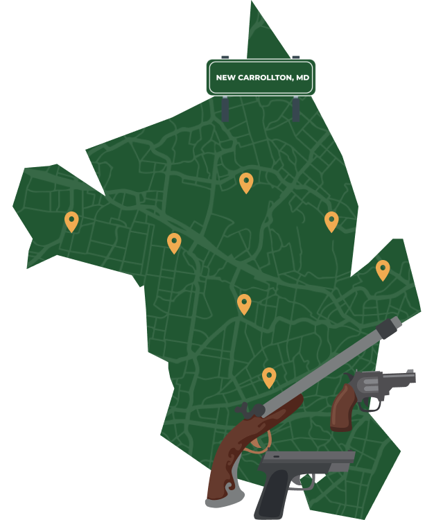 State map with New Carrollton, Maryland highlighted, showing that Cash for Arms purchases guns in New Carrollton