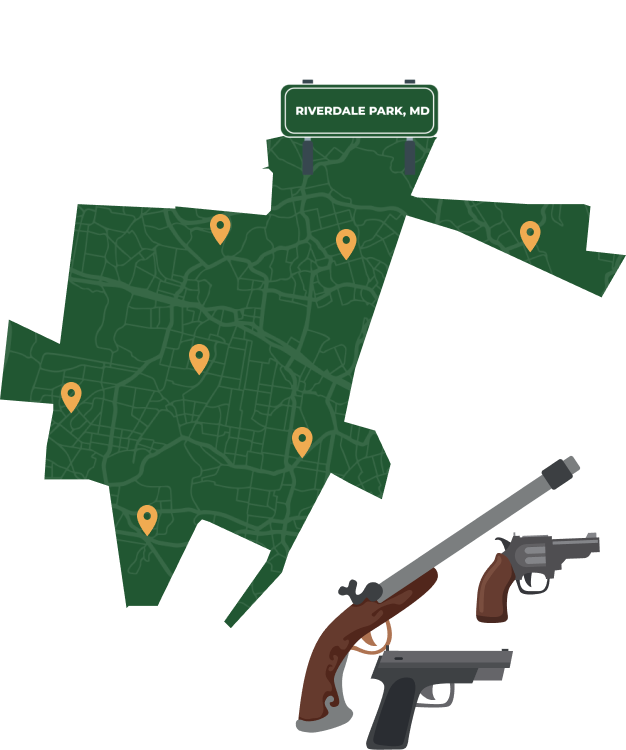 Picture of Riverdale Park, Maryland City Map with Riverdale Park sign on it and places that we buy guns from.